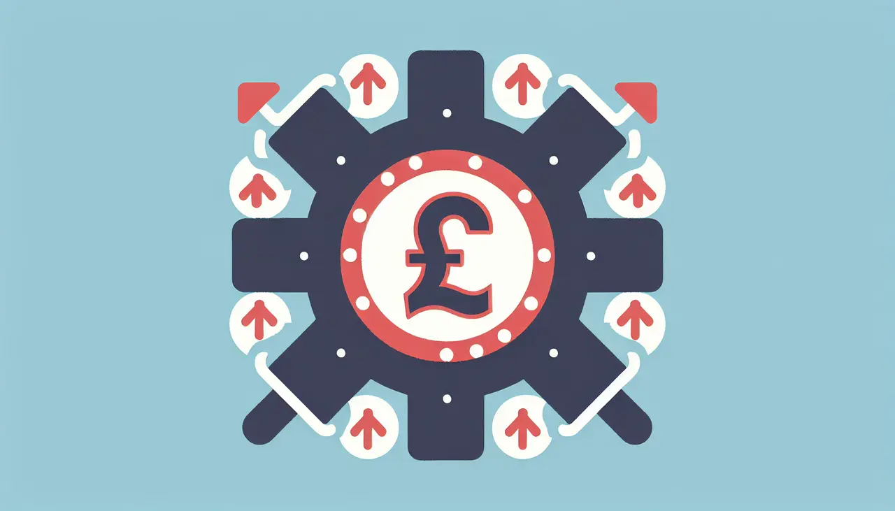 Draw a graphic in flat design style. An image of a UK pound sign inside a gear, symbolizing financial control, surrounded by a few upward arrows representing increased cash flow.