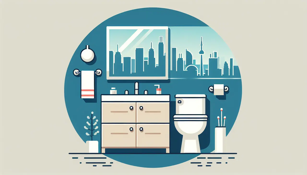 Draw a graphic in flat design style. A clean, minimalist illustration of a modern, renovated bathroom with sleek fixtures and a bright color palette, featuring subtle landmarks of Mississauga in the background.