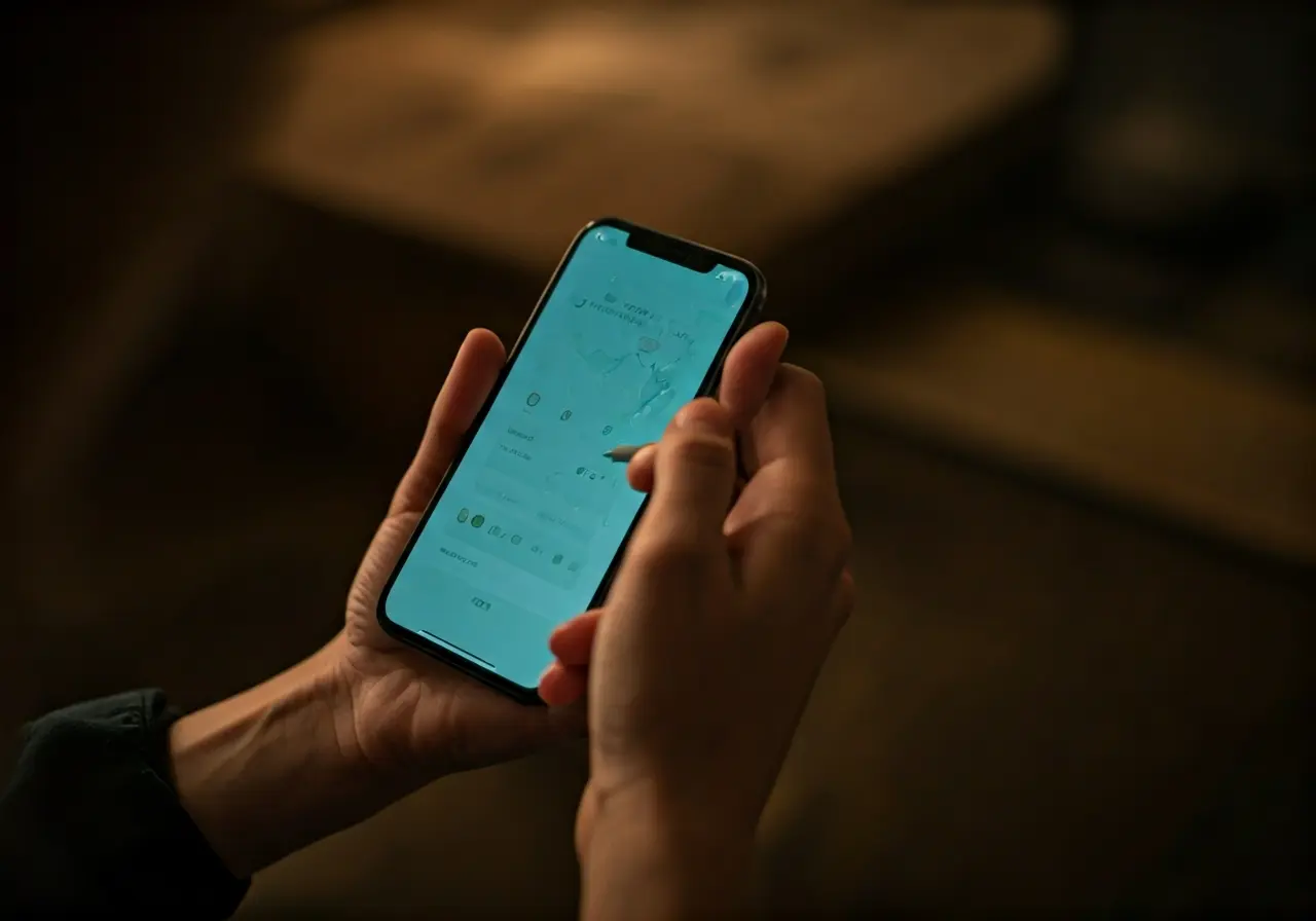 A person testing an app on a smartphone screen. 35mm stock photo