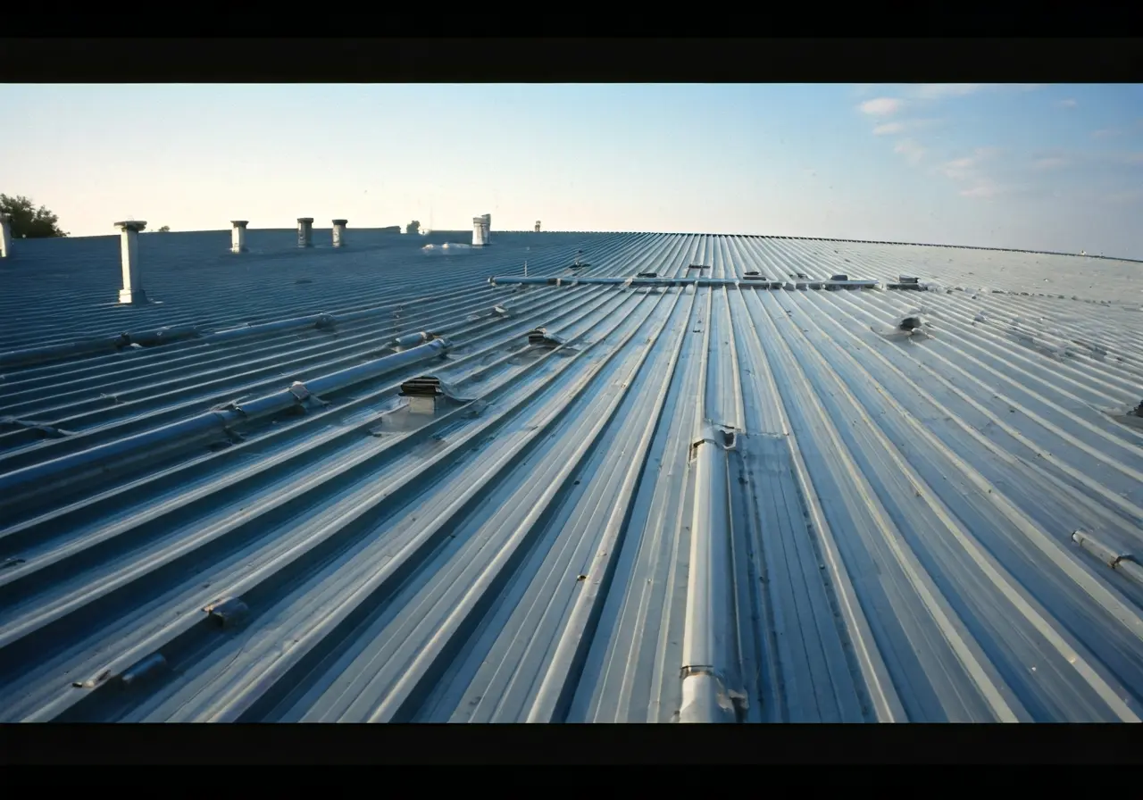 Sunlit rooftop with solar panels and metal roofing. 35mm stock photo