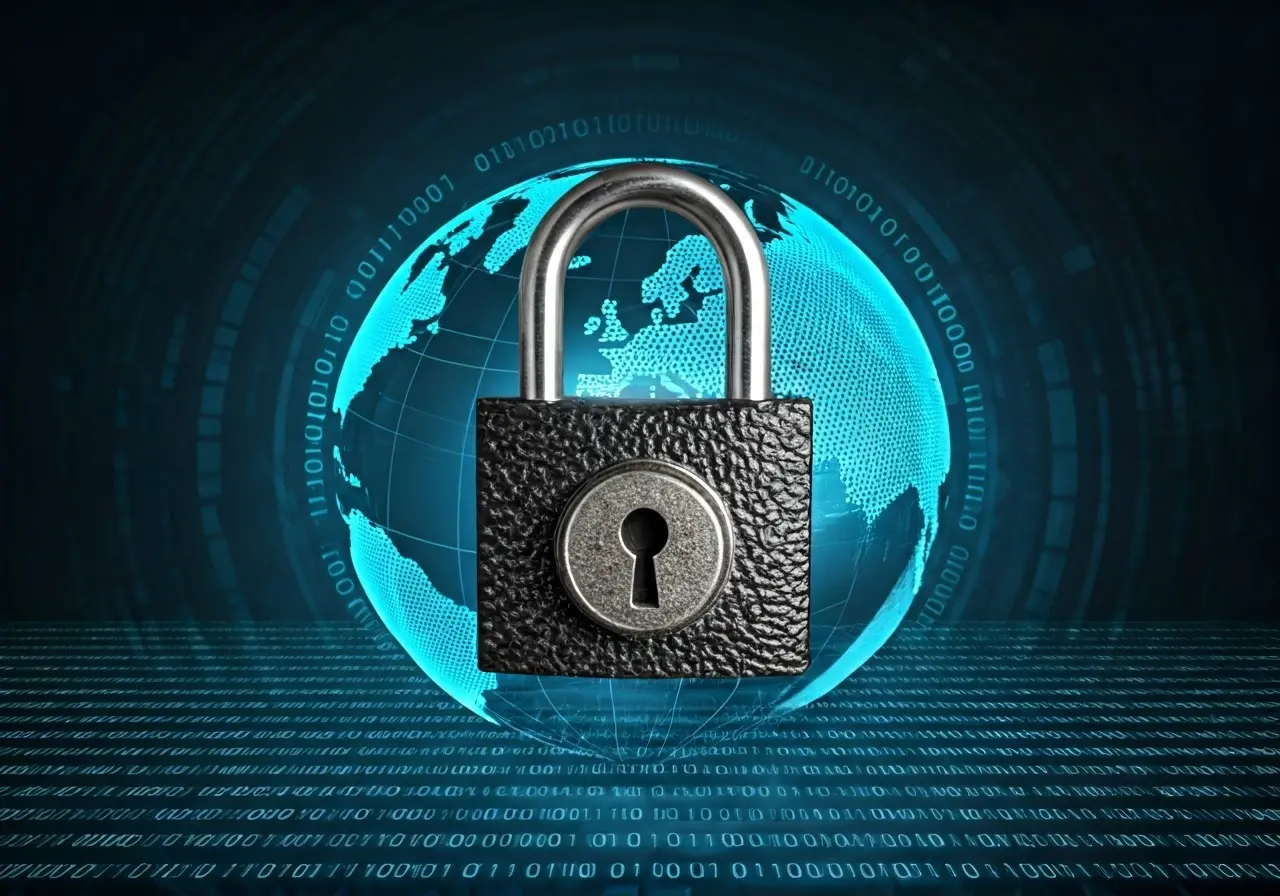 A padlock superimposed over a digital globe and binary code. 35mm stock photo