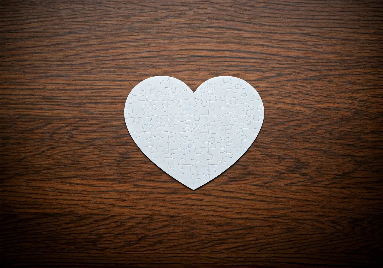 A heart-shaped puzzle with interlocking pieces on a table. 35mm stock photo