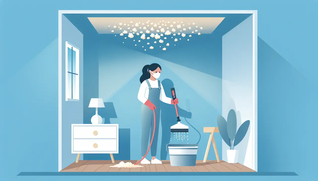 Draw a graphic in flat design style. Illustration of a room with a person wearing a mask and holding a paint scraper while removing popcorn ceiling, with a clear sky-blue wall and minimal furniture.