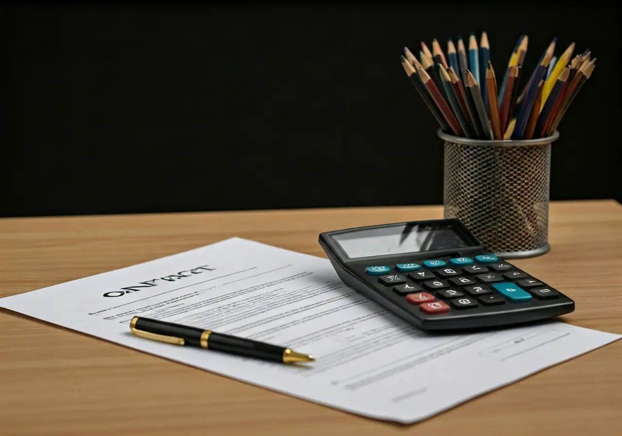 A modern office desk with a calculator and housing contracts. 35mm stock photo