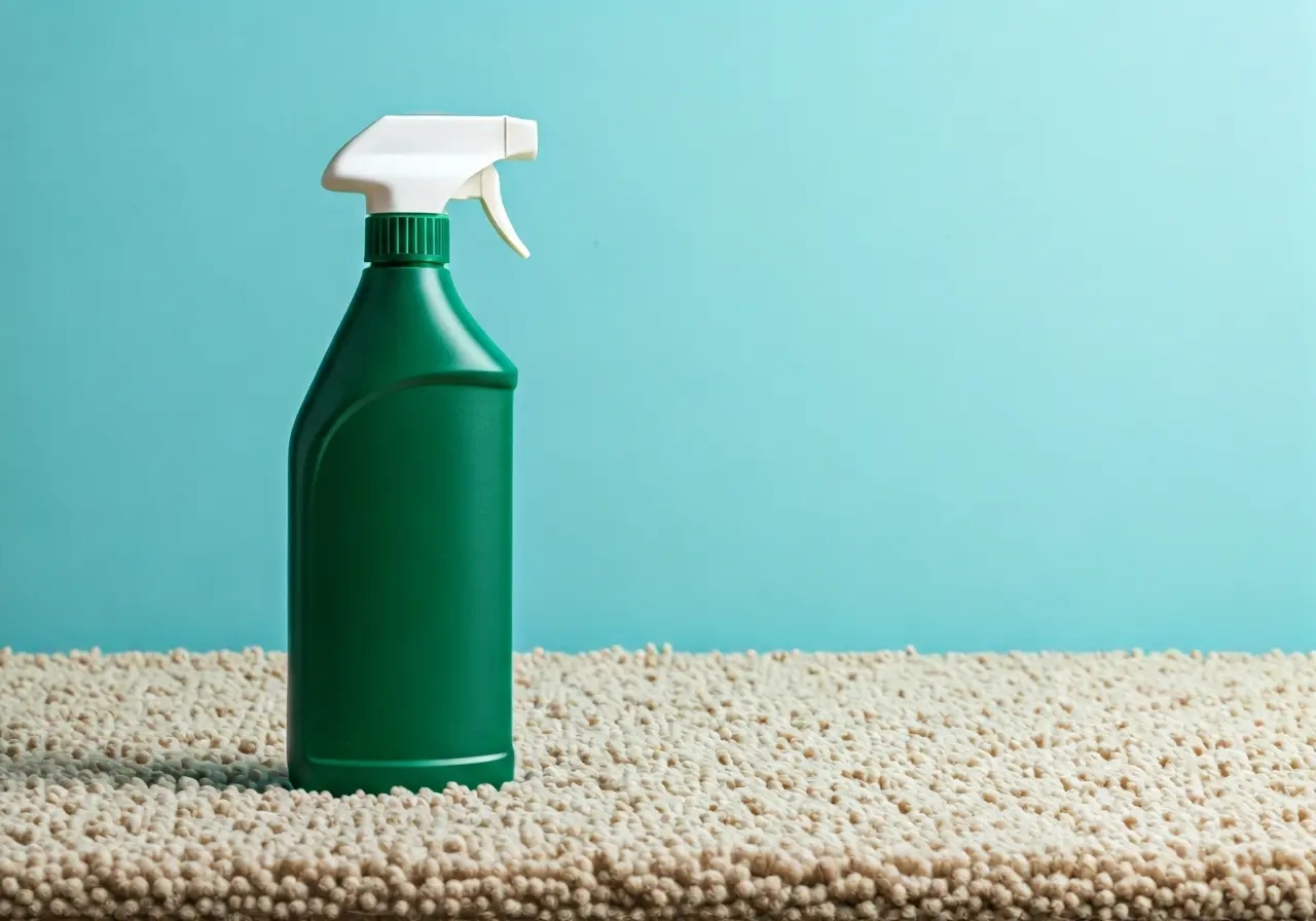 A green cleaning product beside a spotless carpet. 35mm stock photo