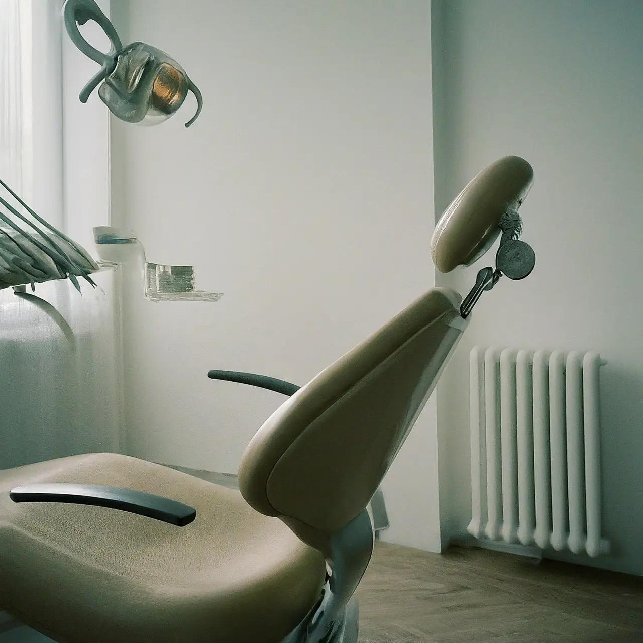 A dental chair and orthodontic tools in a clean clinic. 35mm stock photo