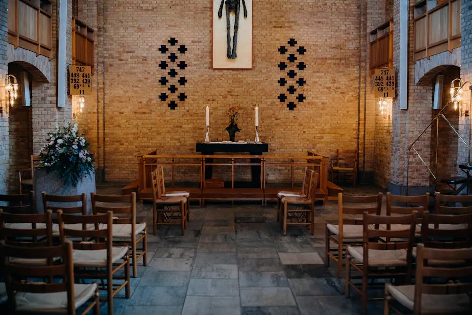 A serene church interior with altar, chairs, and minimalist decor.