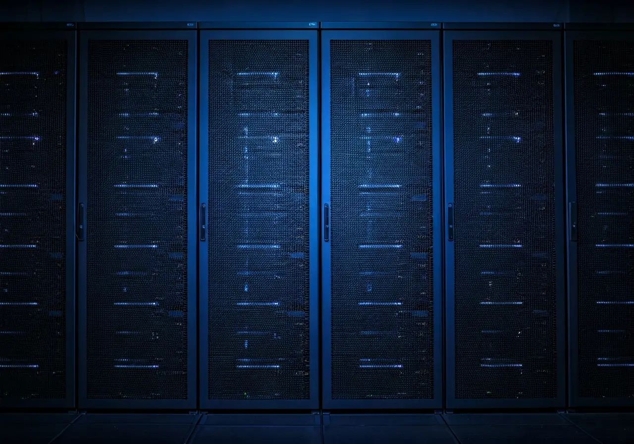 A high-security server room with blue LED lights. 35mm stock photo