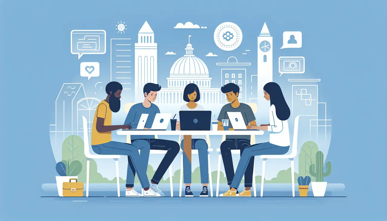 Draw a graphic in flat design style. A diverse group of professionals, including app developers, collaborating at a round table with laptops and digital devices, set against a simplified Washington D.C. skyline.