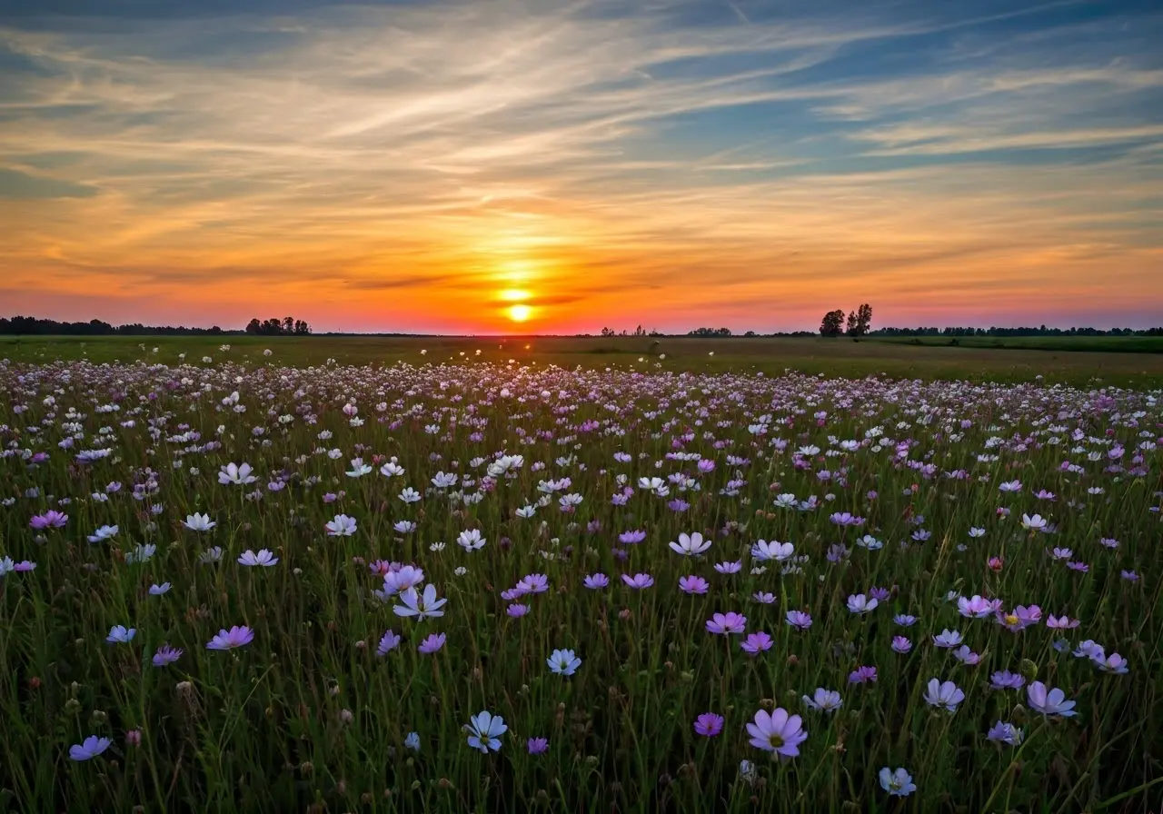 A peaceful sunset over a tranquil meadow with flowers. 35mm stock photo