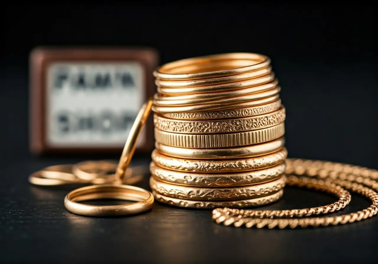 A stack of gold jewelry with a pawn shop sign. 35mm stock photo