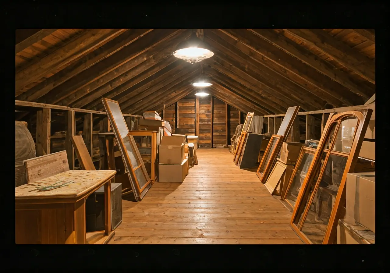 A cluttered attic filled with old furniture and boxes. 35mm stock photo