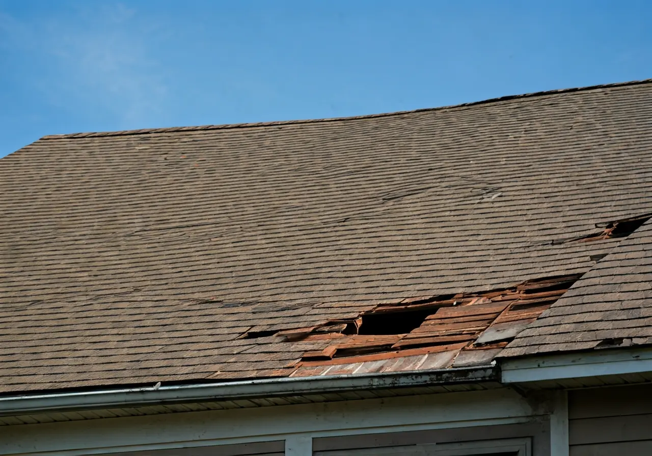 A house with a visibly worn and damaged shingle roof. 35mm stock photo