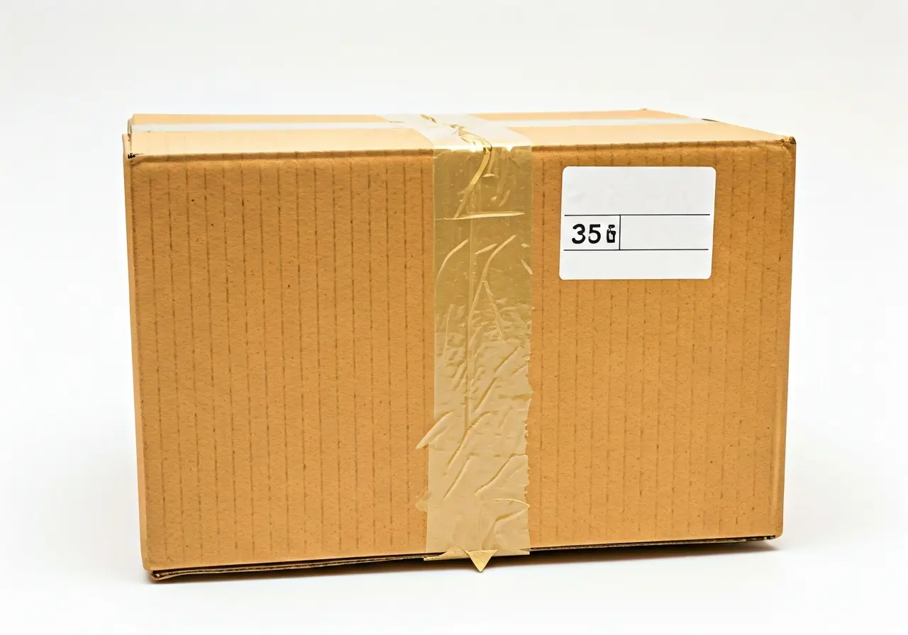 A neatly packed cardboard box with labels and tape. 35mm stock photo