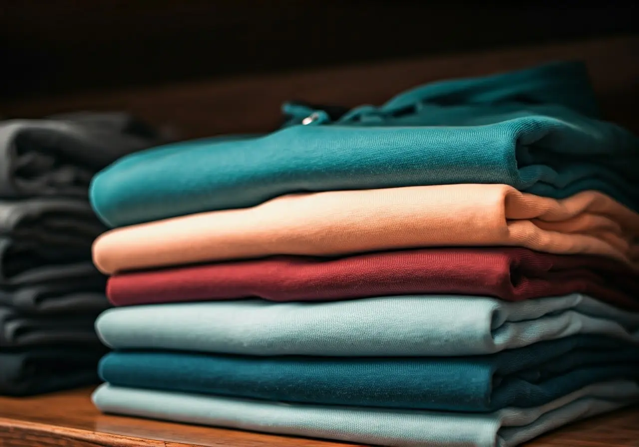 A neatly folded stack of colorful faith hoodies on display. 35mm stock photo