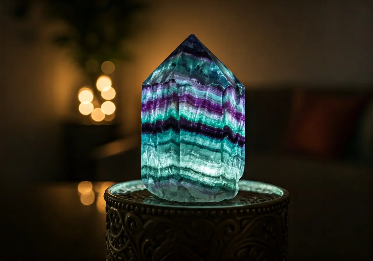 A vibrant fluorite crystal glowing in a serene living room. 35mm stock photo