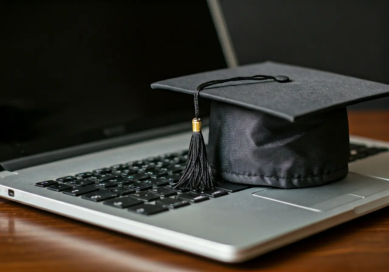 A graduation cap resting on a laptop keyboard. 35mm stock photo