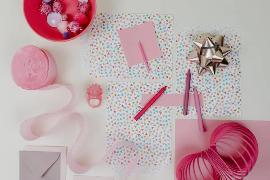 A vibrant flat lay of birthday party supplies and gifts with a playful, colorful theme.