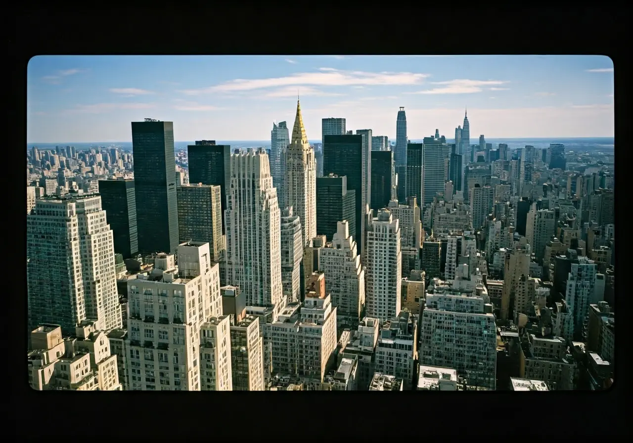 Aerial view of NYC skyline with residential skyscrapers. 35mm stock photo