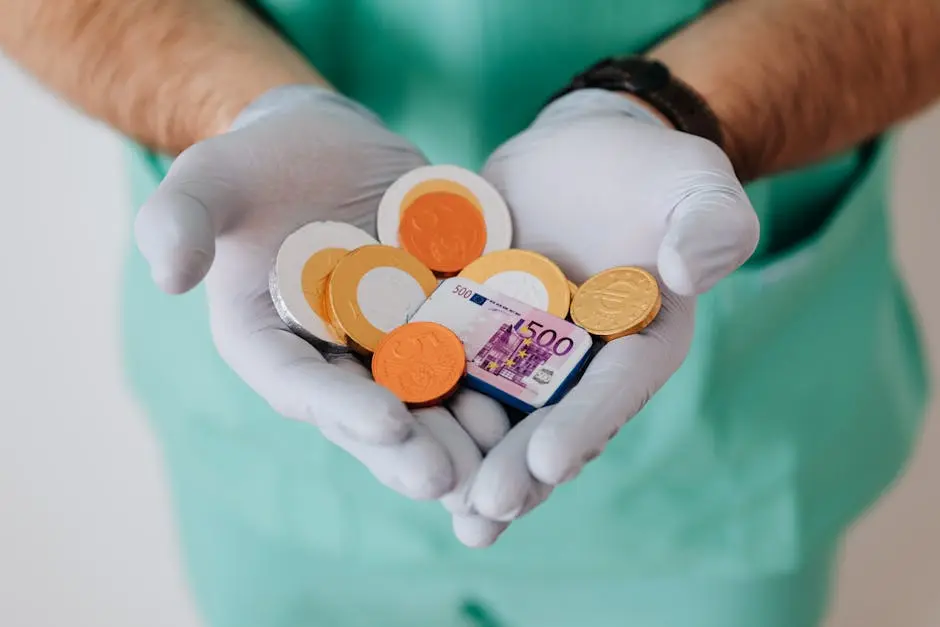 A healthcare worker with gloves holding Euro coins and a bill, symbolizing medical finance.