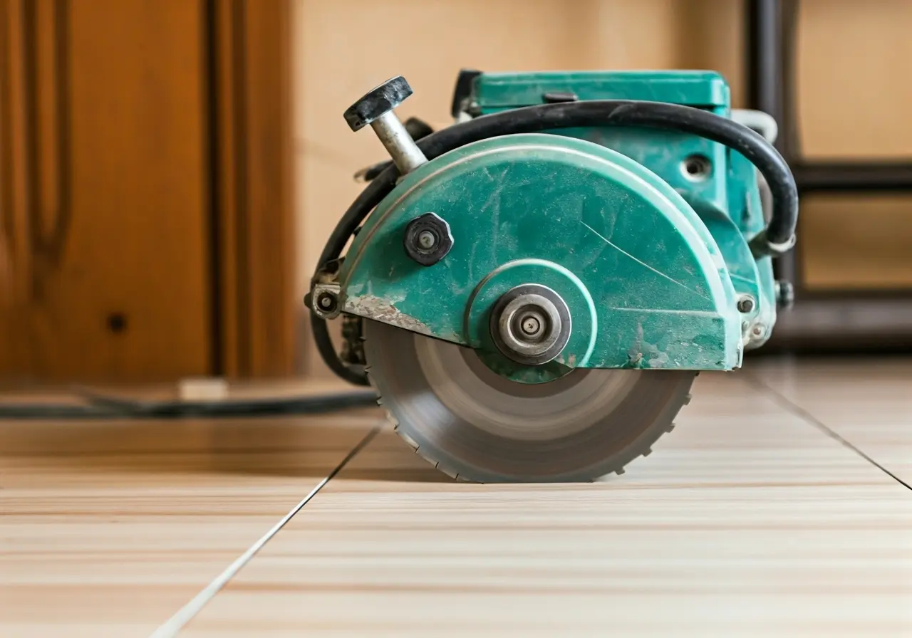 A close-up of a professional tile saw in action. 35mm stock photo