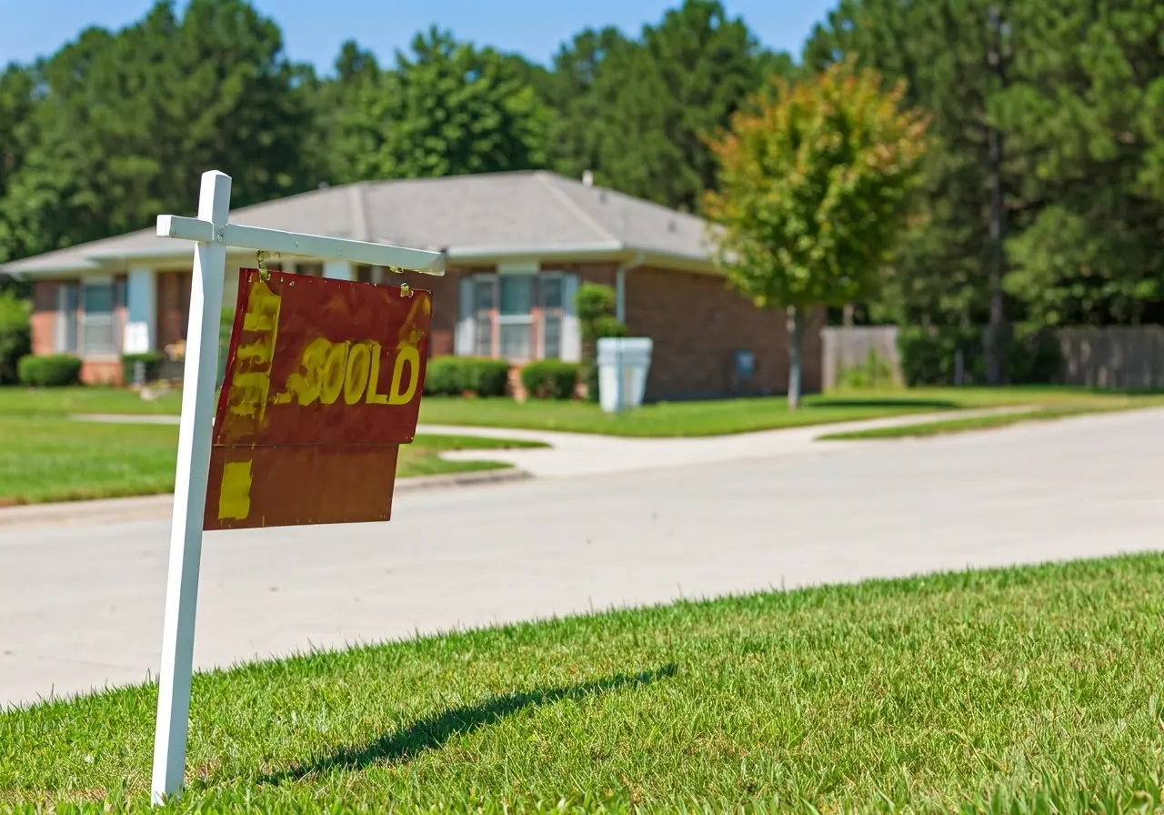 A sold sign in front of a suburban house. 35mm stock photo
