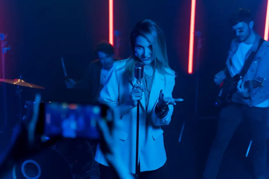 Dynamic live band performing with vibrant lights and singer holding a microphone.