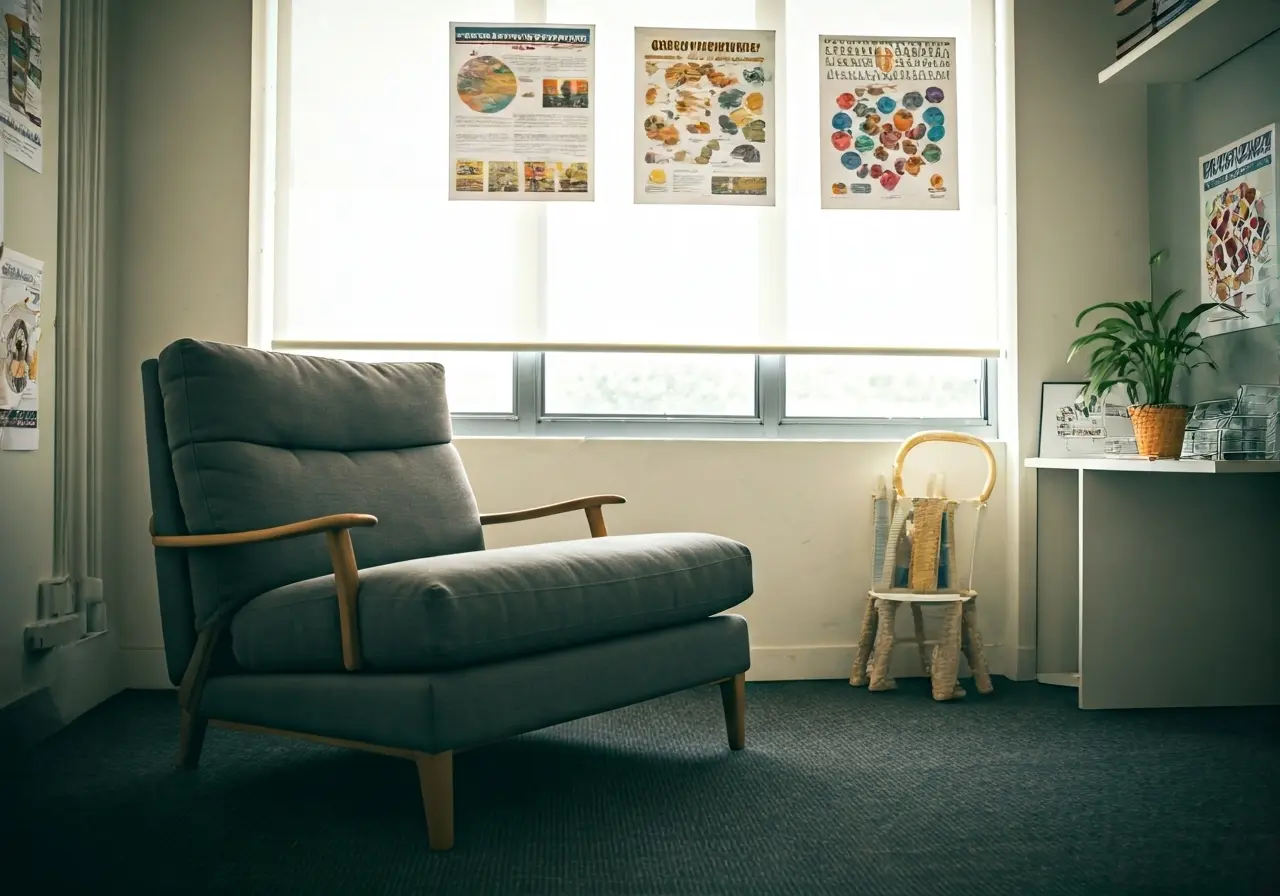 A serene therapist’s office with colorful communication posters displayed. 35mm stock photo