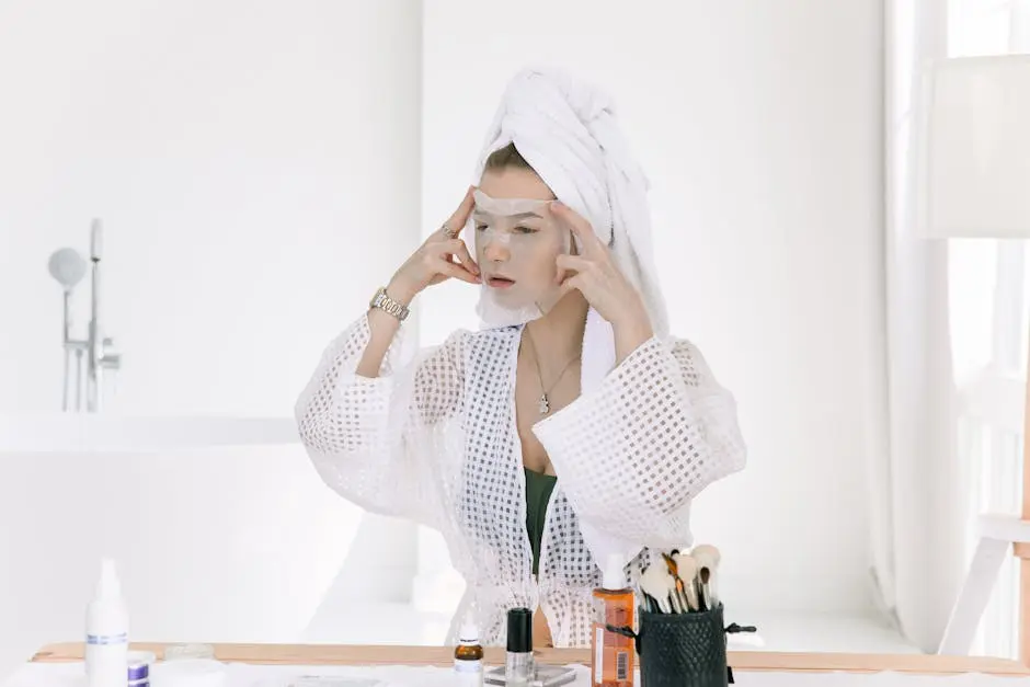 Woman applying a face mask in a bathroom, focusing on skincare and relaxation.