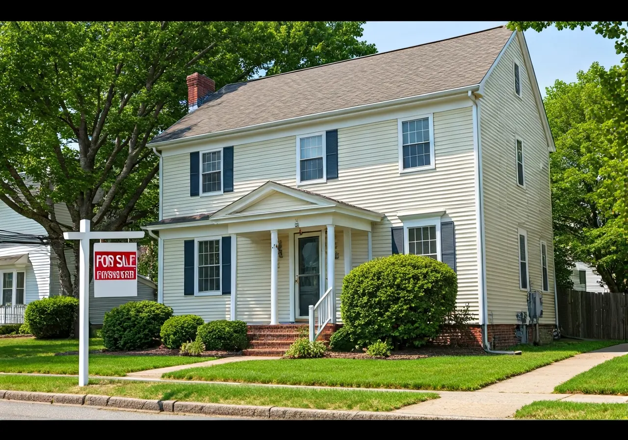 A quaint Maryland house with a For Sale sign. 35mm stock photo