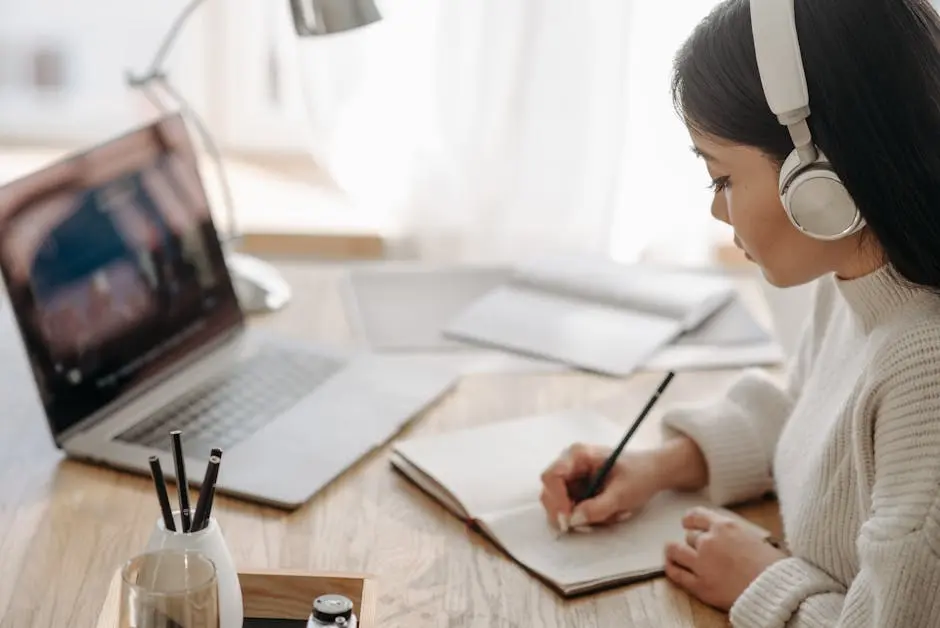 Asian woman focused on study, writing notes during online session at home with laptop and headphones.
