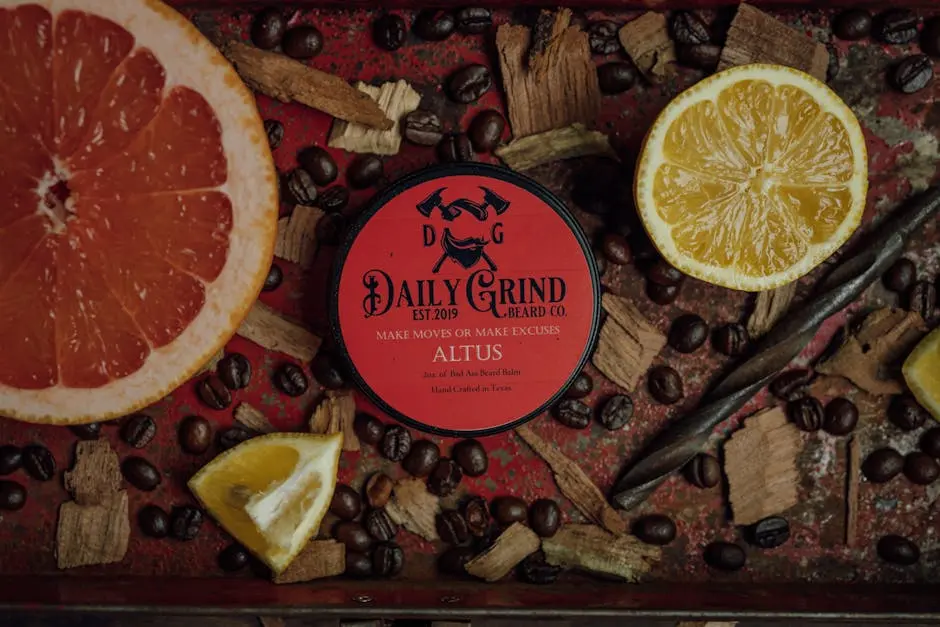 Beard balm with citrus and coffee beans for grooming and refreshing care.