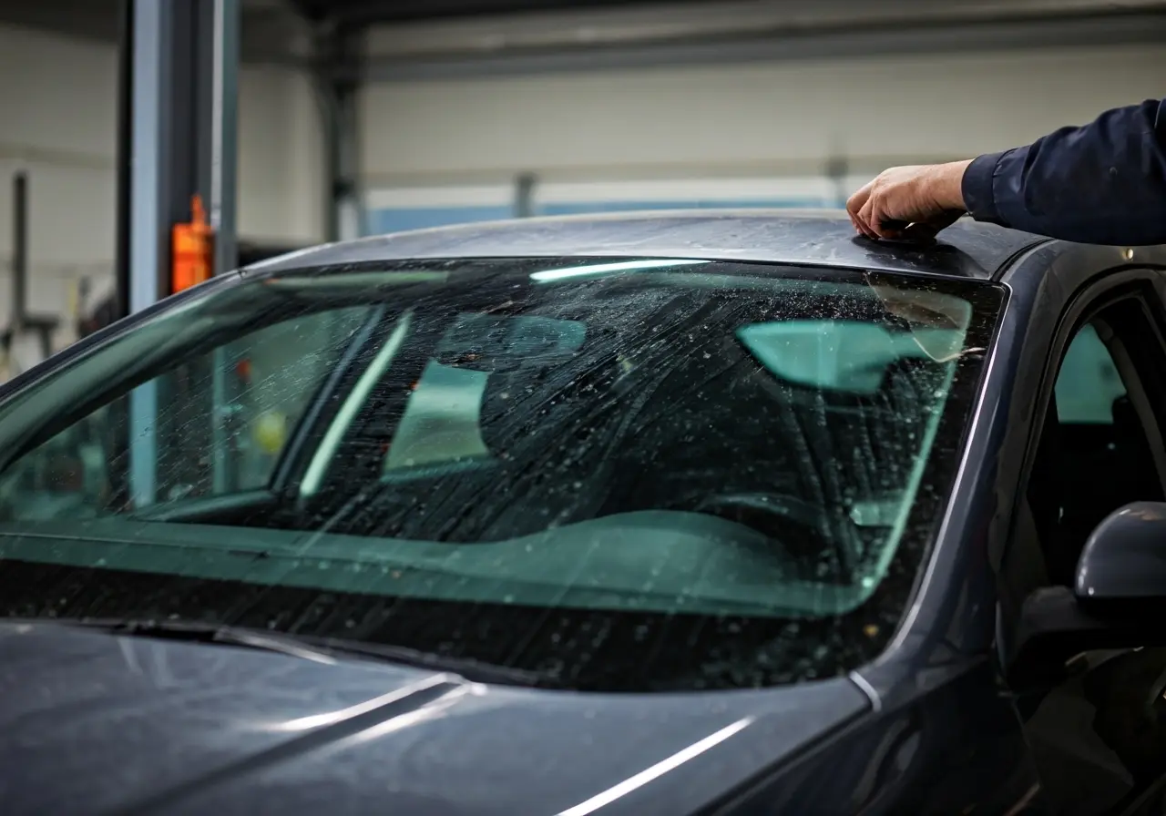 A car windshield being replaced in an auto repair shop. 35mm stock photo