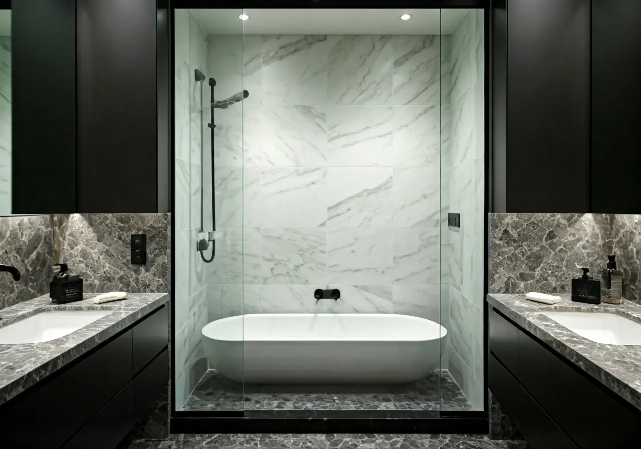 A modern, elegant bathroom showcasing marble tiles and sleek fixtures. 35mm stock photo