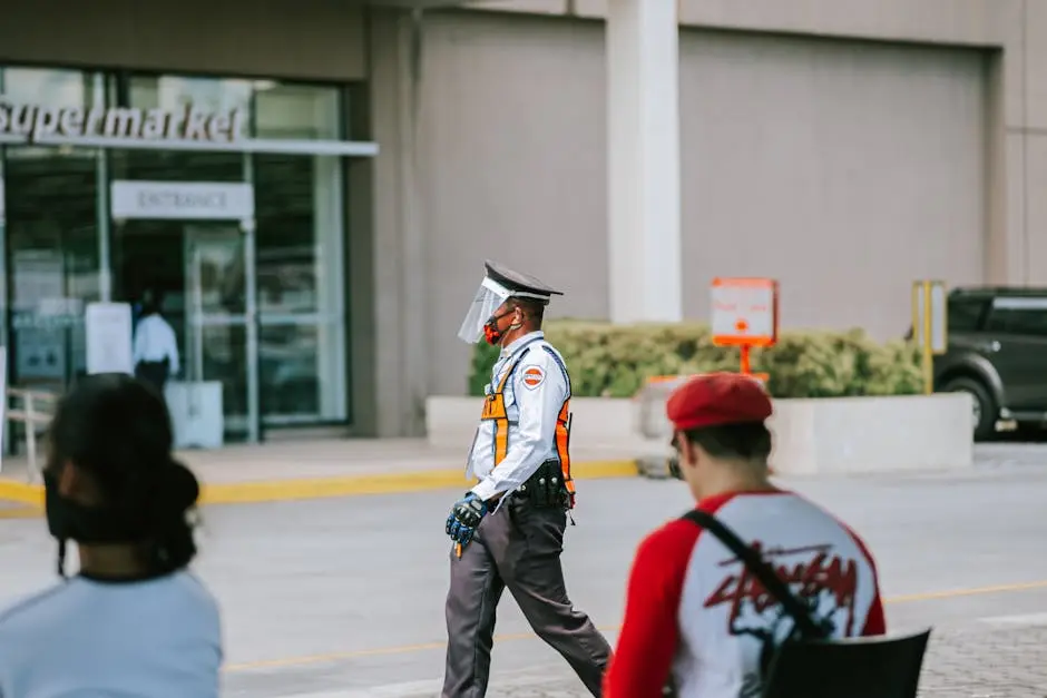 A security guard wearing protective gear walking outside a city supermarket entrance.