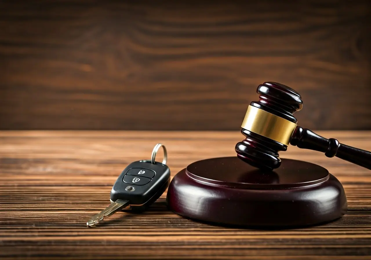 A gavel beside a car key on a wooden surface. 35mm stock photo