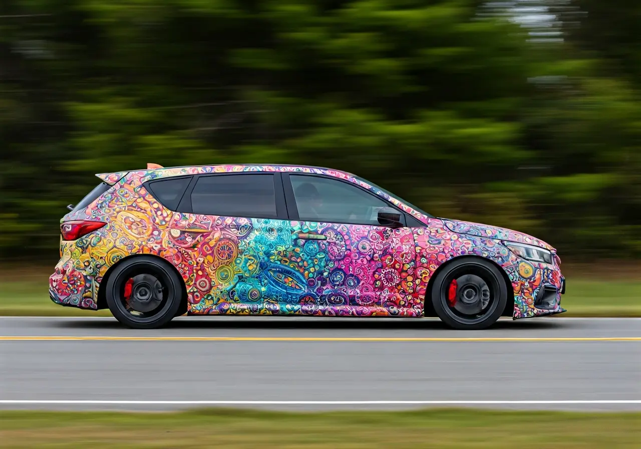 A vibrant vehicle with a colorful commercial wrap in motion. 35mm stock photo