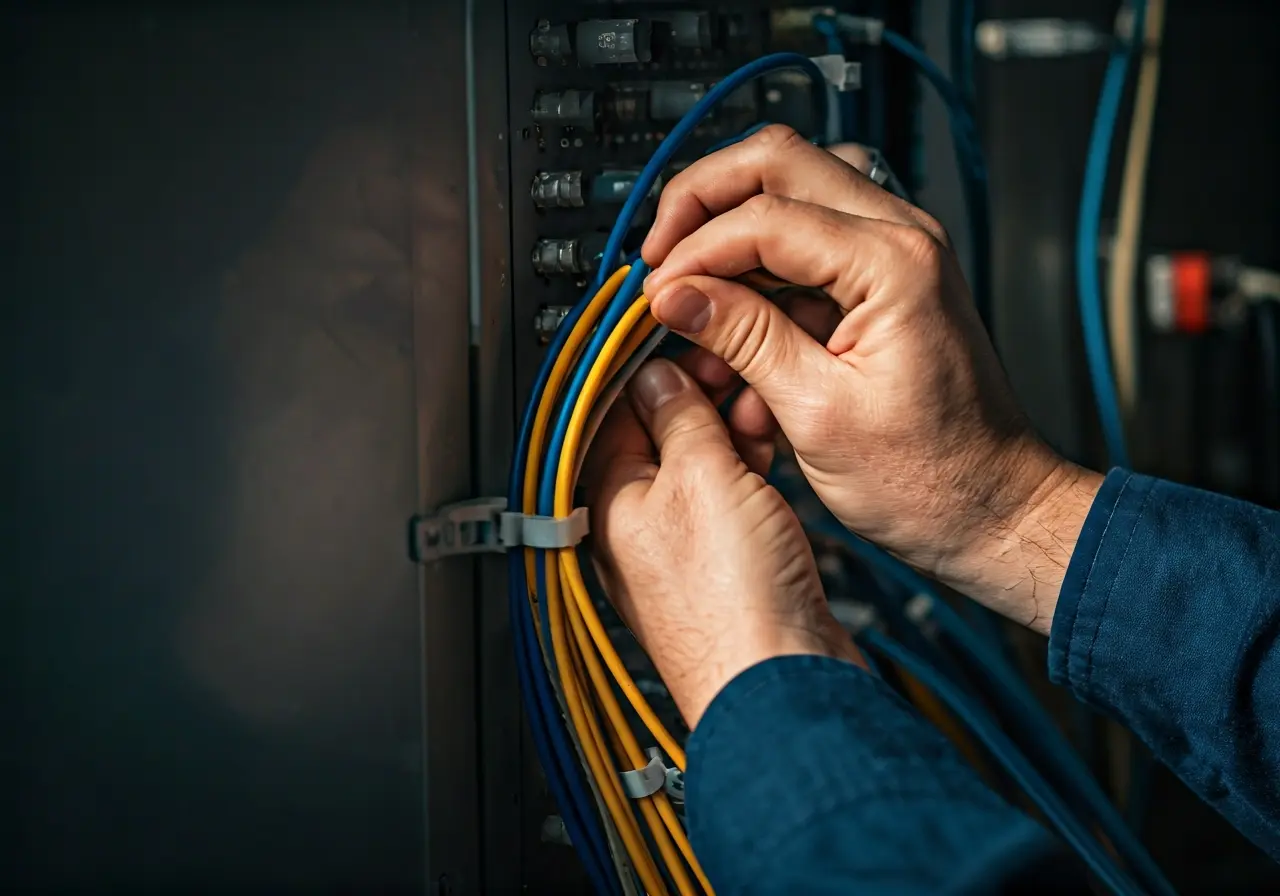 A technician installs network cables for a security system. 35mm stock photo