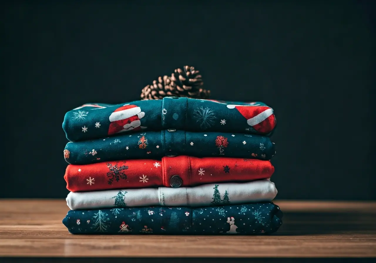 A neatly folded stack of festive holiday-themed t-shirts. 35mm stock photo