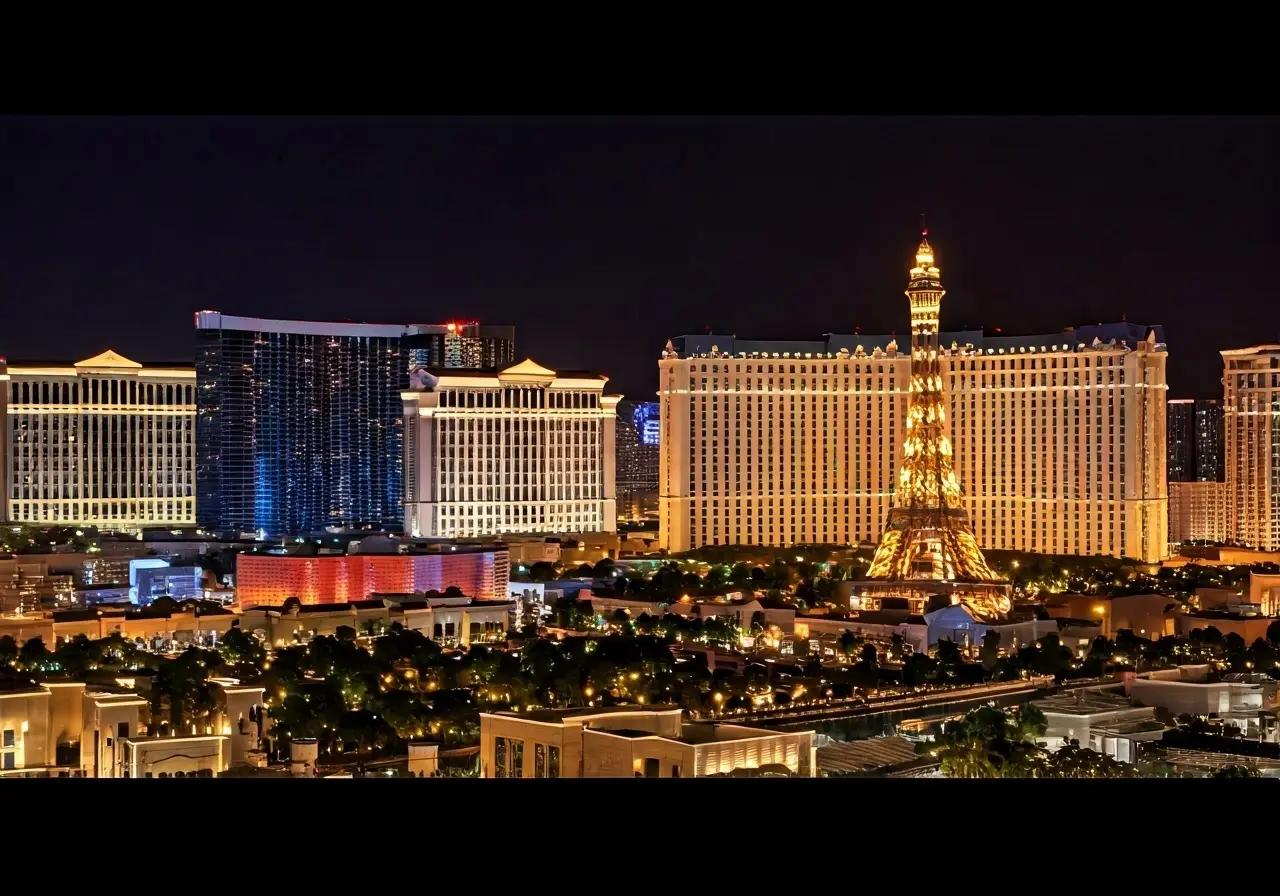 A busy Las Vegas skyline at night with bright lights. 35mm stock photo