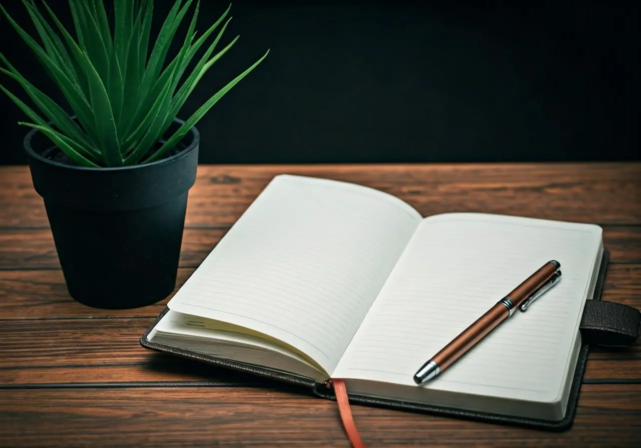 Open journal with a pen beside a potted plant. 35mm stock photo