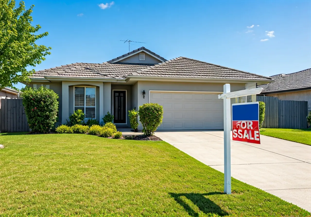 A modern suburban house with a For Sale sign out front. 35mm stock photo