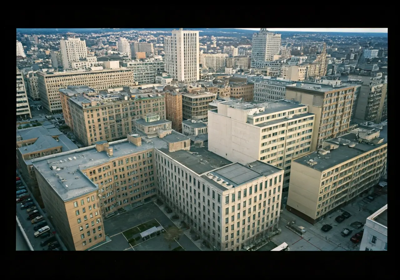 Aerial view of city buildings with flat rooftops. 35mm stock photo