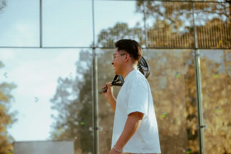 A young man with a paddle racket standing outdoors, exuding confidence and sports spirit.