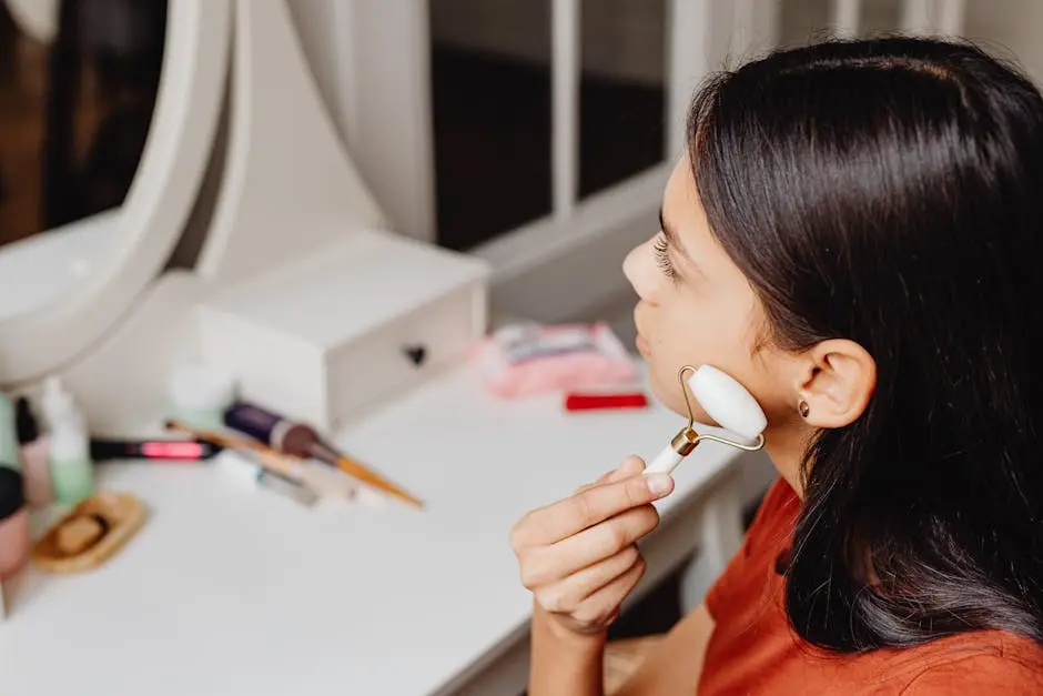 Teenage girl using a facial roller during her beauty routine in a well-lit bedroom.