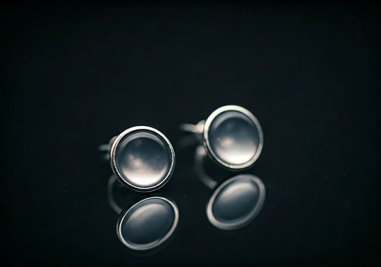 A pair of silver earrings reflecting soft, ethereal light. 35mm stock photo