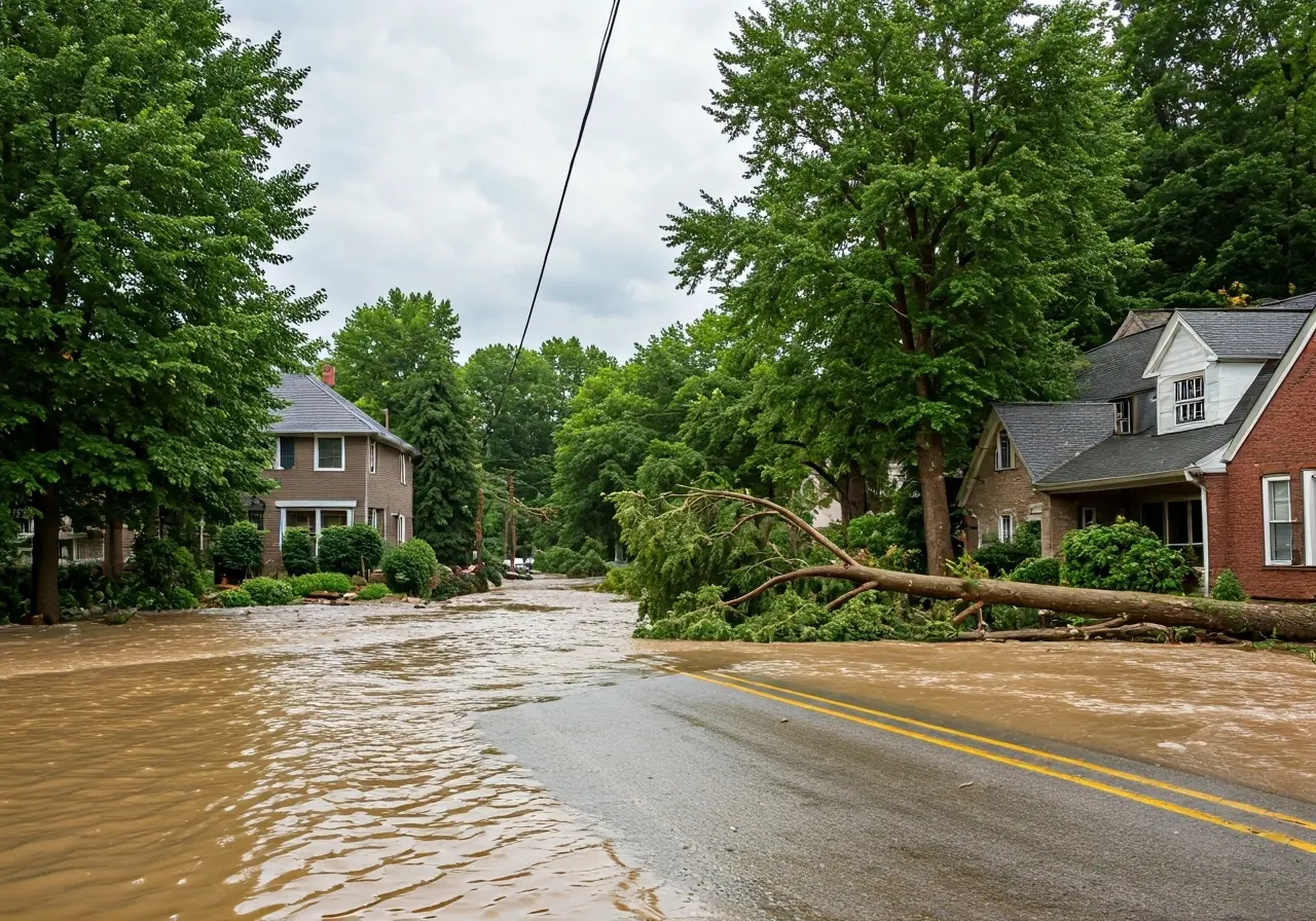 A flooded street with damaged houses and fallen trees. 35mm stock photo