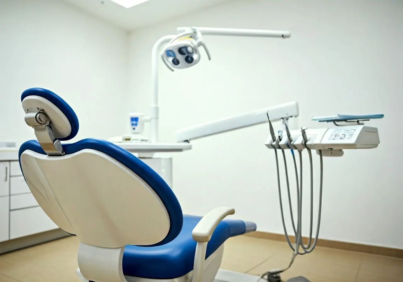 A dentist’s chair with dental tools in a bright office. 35mm stock photo