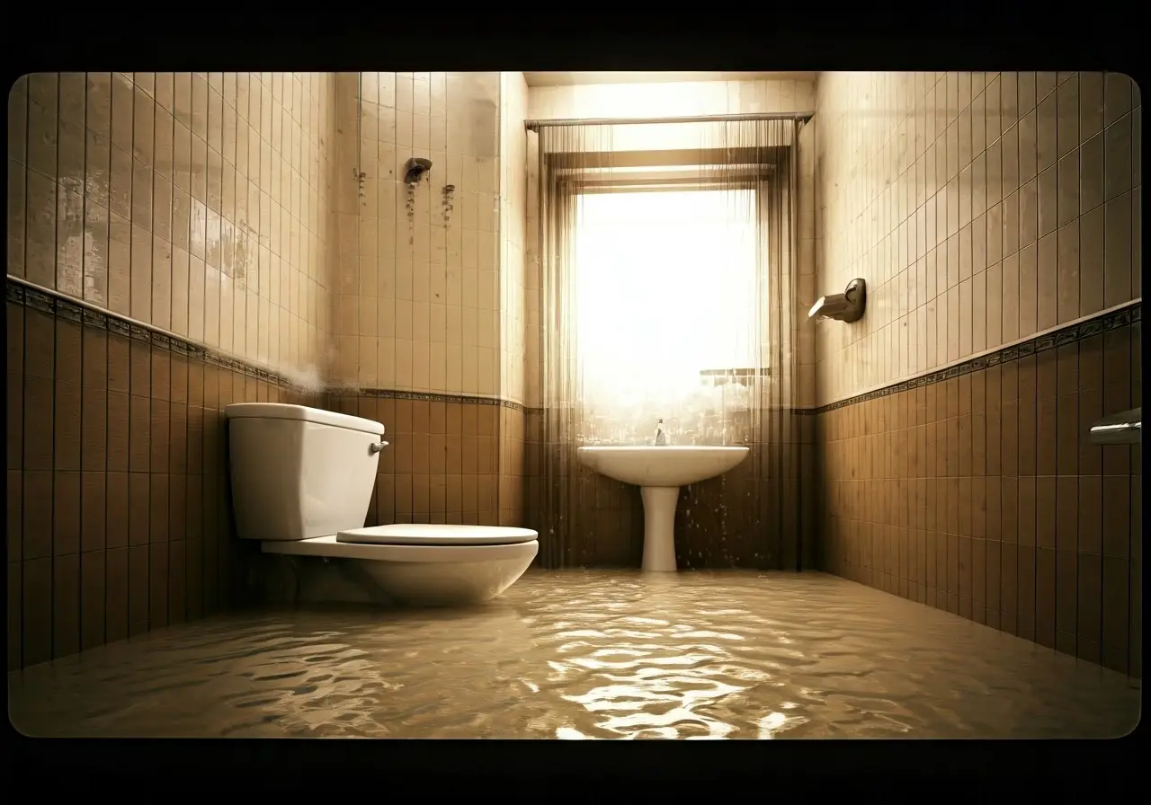 Flooded bathroom with water pouring from a broken pipe. 35mm stock photo