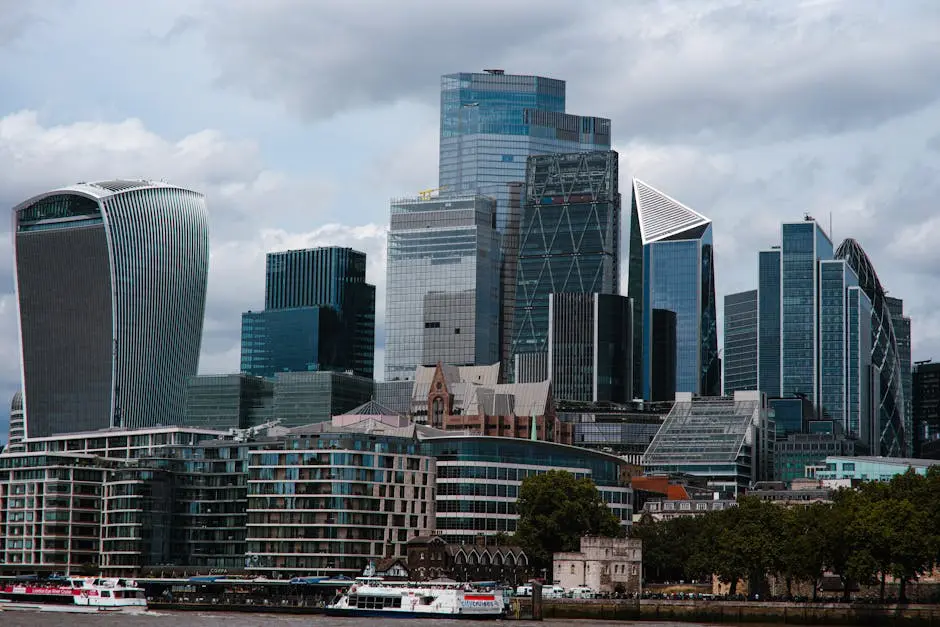 Stunning view of the modern London city skyline highlighting iconic skyscrapers and urban architecture.